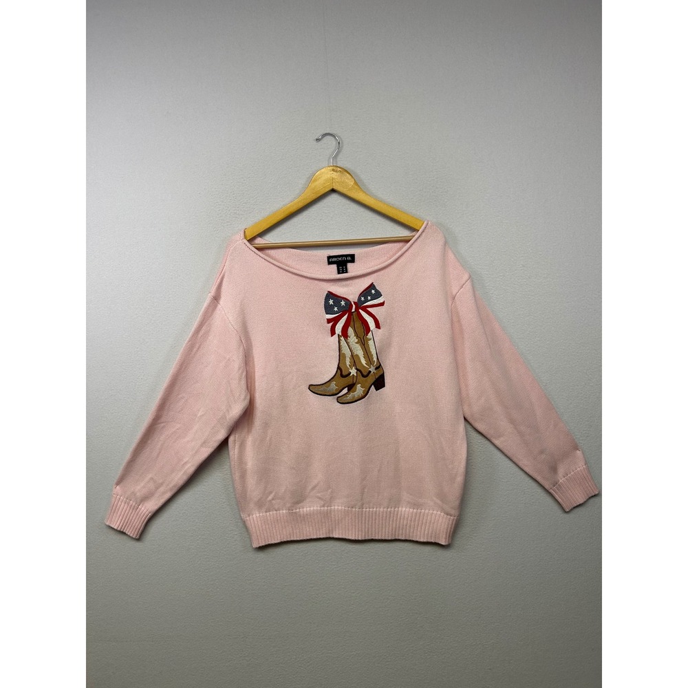 Arden B. Cowgirlcore Western Womens Medium Pink Cowboy Boot Graphic Knit Sweater